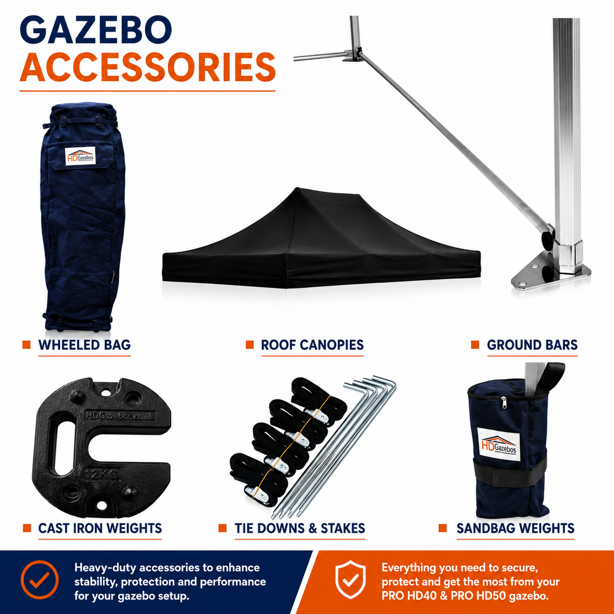 Heavy duty gazebo accessories for PRO HD40 and PRO HD50 gazebos