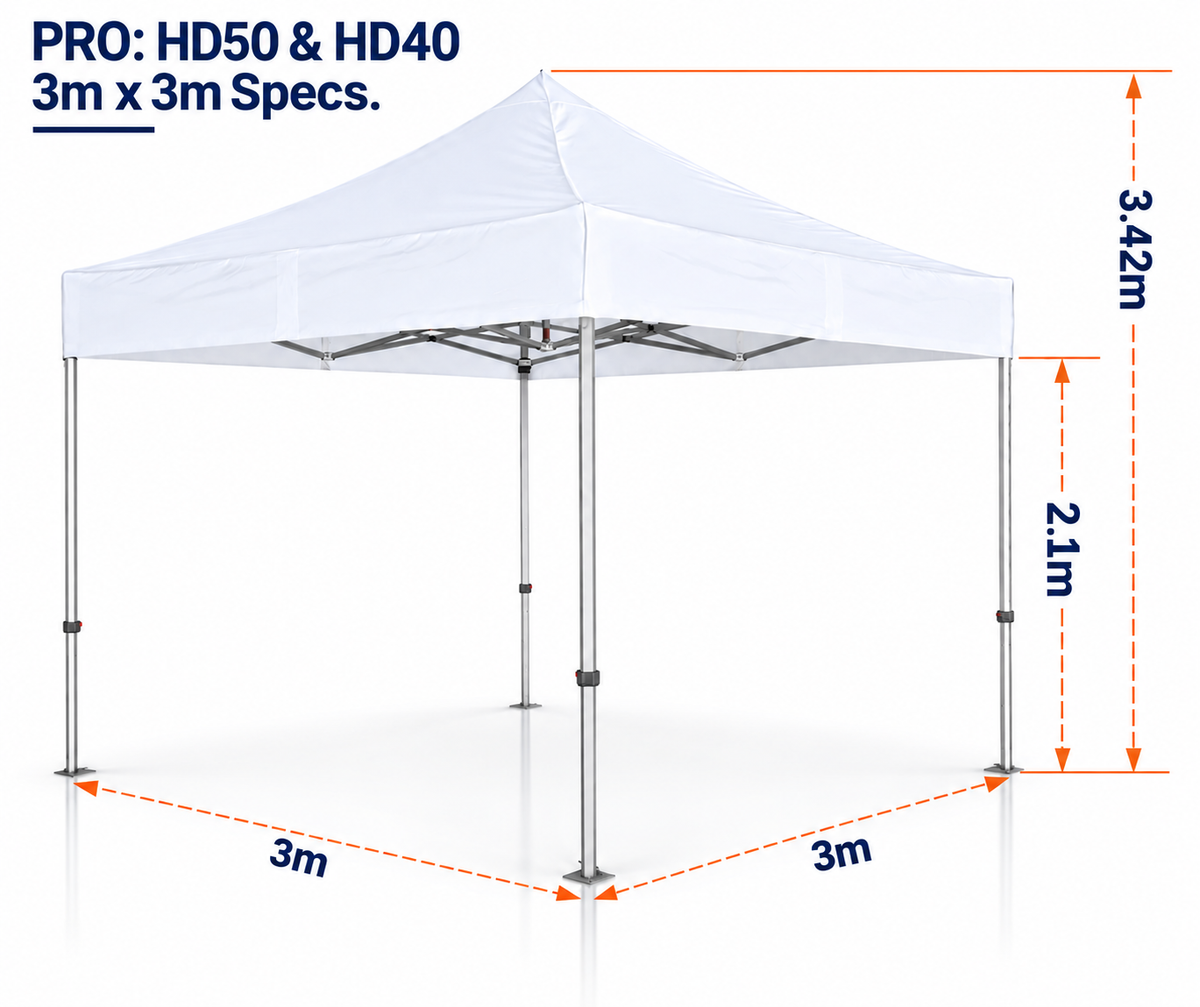 3m x 3m heavy duty gazebo PRO HD40 and PRO HD50 dimensions showing 2.1m eave height and 3.42m overall height