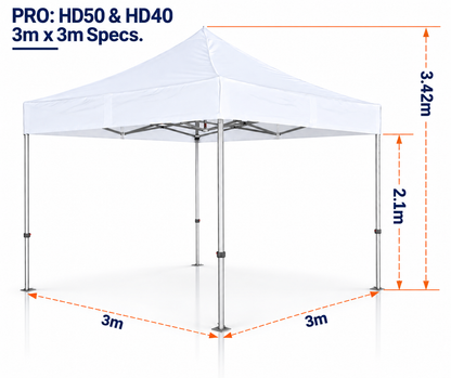 3m x 3m heavy duty gazebo PRO HD40 and PRO HD50 dimensions showing 2.1m eave height and 3.42m overall height