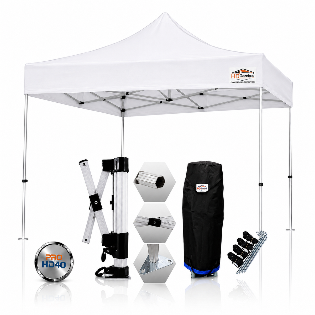 3m x 3m heavy duty gazebo PRO HD40 in white with included accessories
