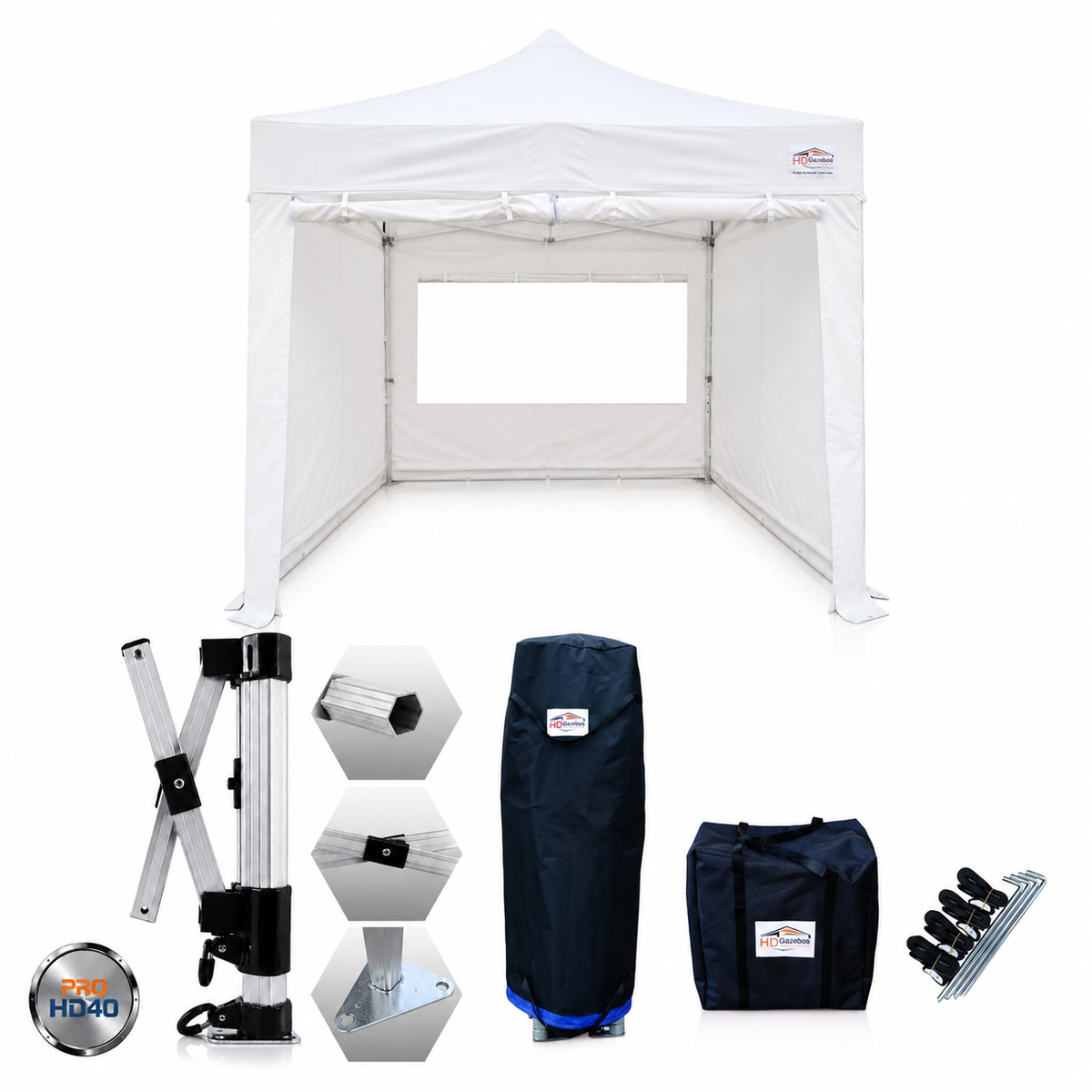 3m x 3m heavy duty gazebo PRO HD40 in white with sidewalls and included accessories