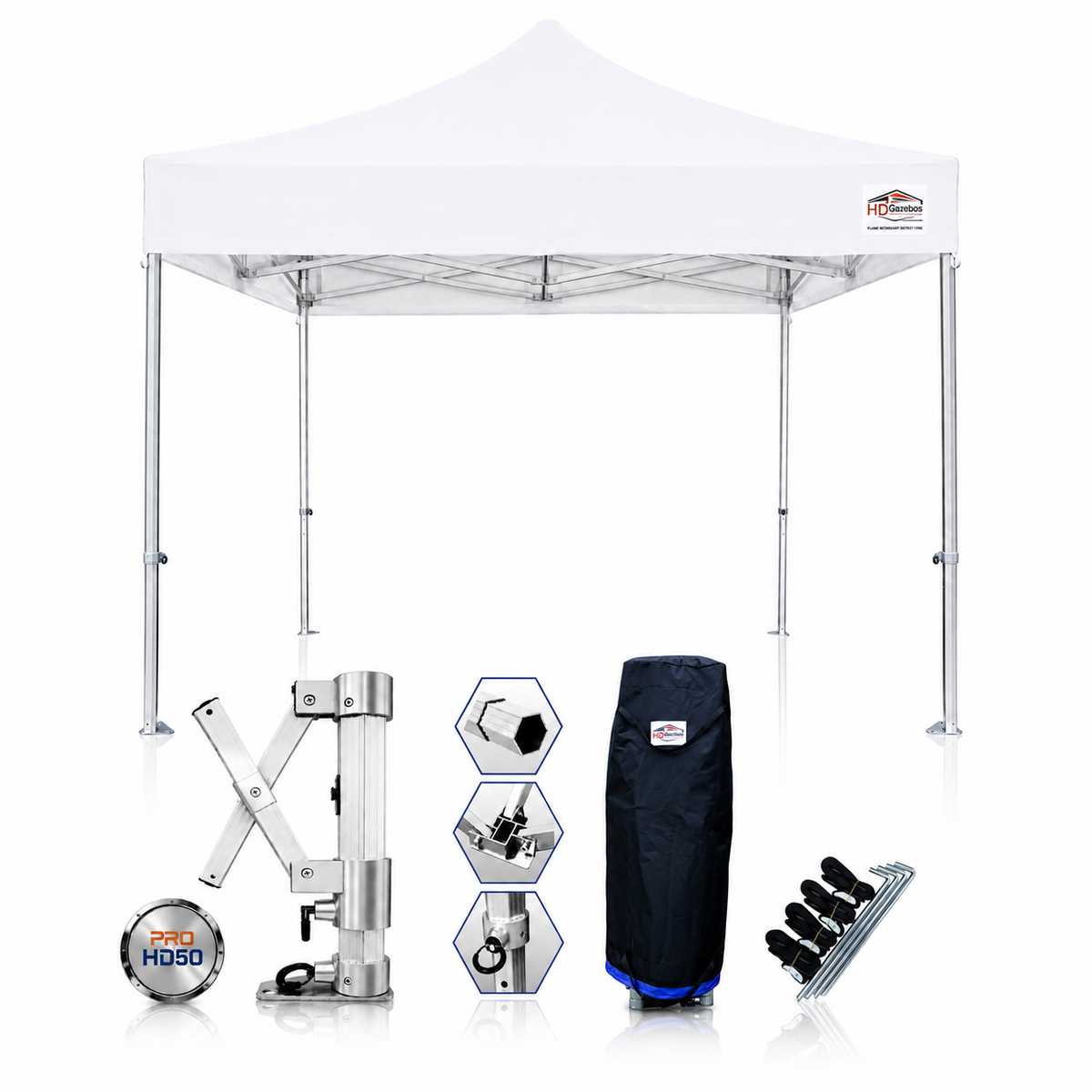3m x 3m heavy duty gazebo PRO HD50 in white with included accessories
