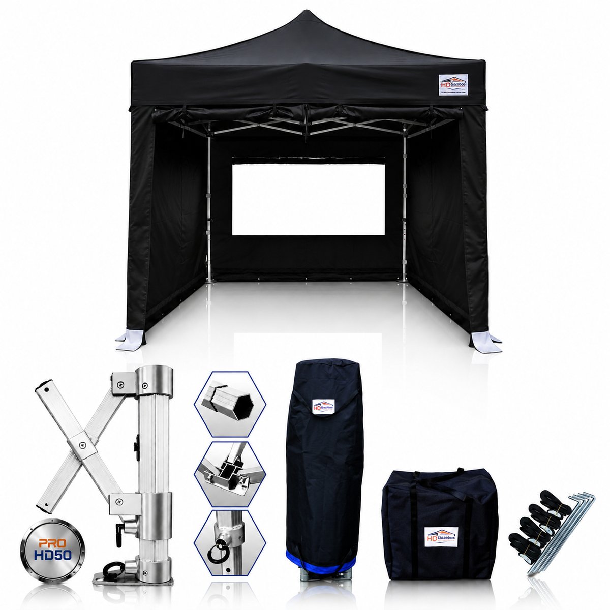 3m x 3m heavy duty gazebo PRO HD50 in black with sidewalls and included accessories