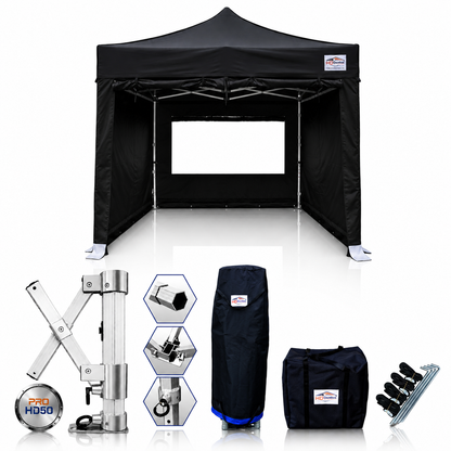 3m x 3m heavy duty gazebo PRO HD50 in black with sidewalls and included accessories