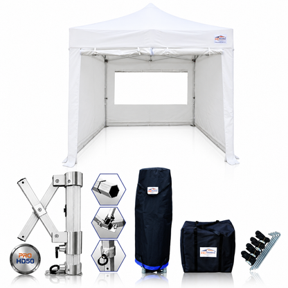 3m x 3m heavy duty gazebo PRO HD50 in white with sidewalls and included accessories