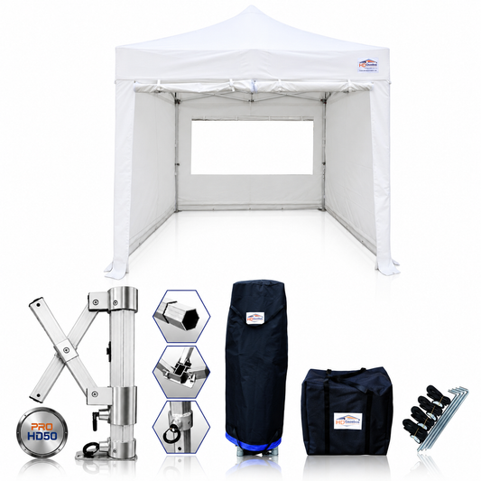 3m x 3m heavy duty gazebo PRO HD50 in white with sidewalls and included accessories