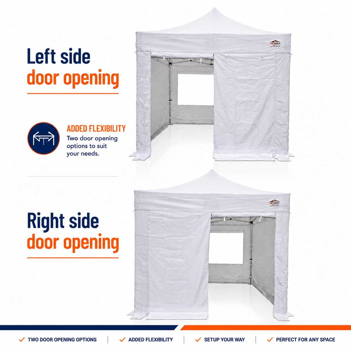 3m x 3m heavy duty gazebo sidewalls showing left and right side door opening options