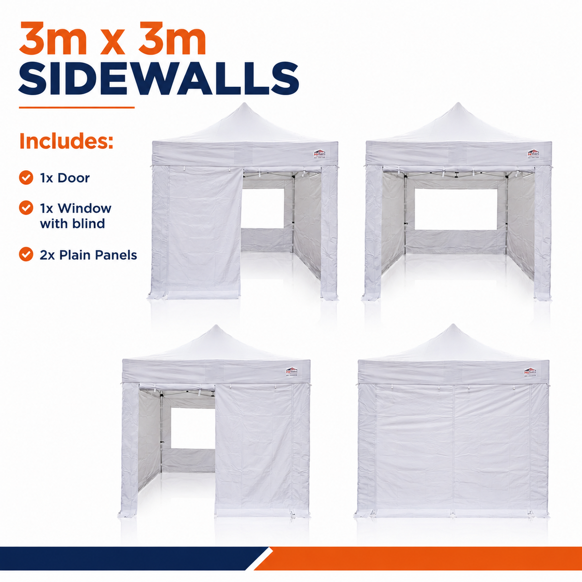 3m x 3m heavy duty gazebo sidewall set in white with door, window with blind and two plain panels