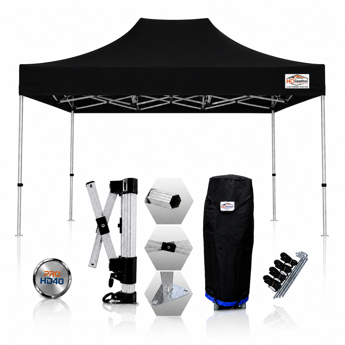 3m x 4.5m heavy duty gazebo PRO HD40 in black with 40mm aluminium frame