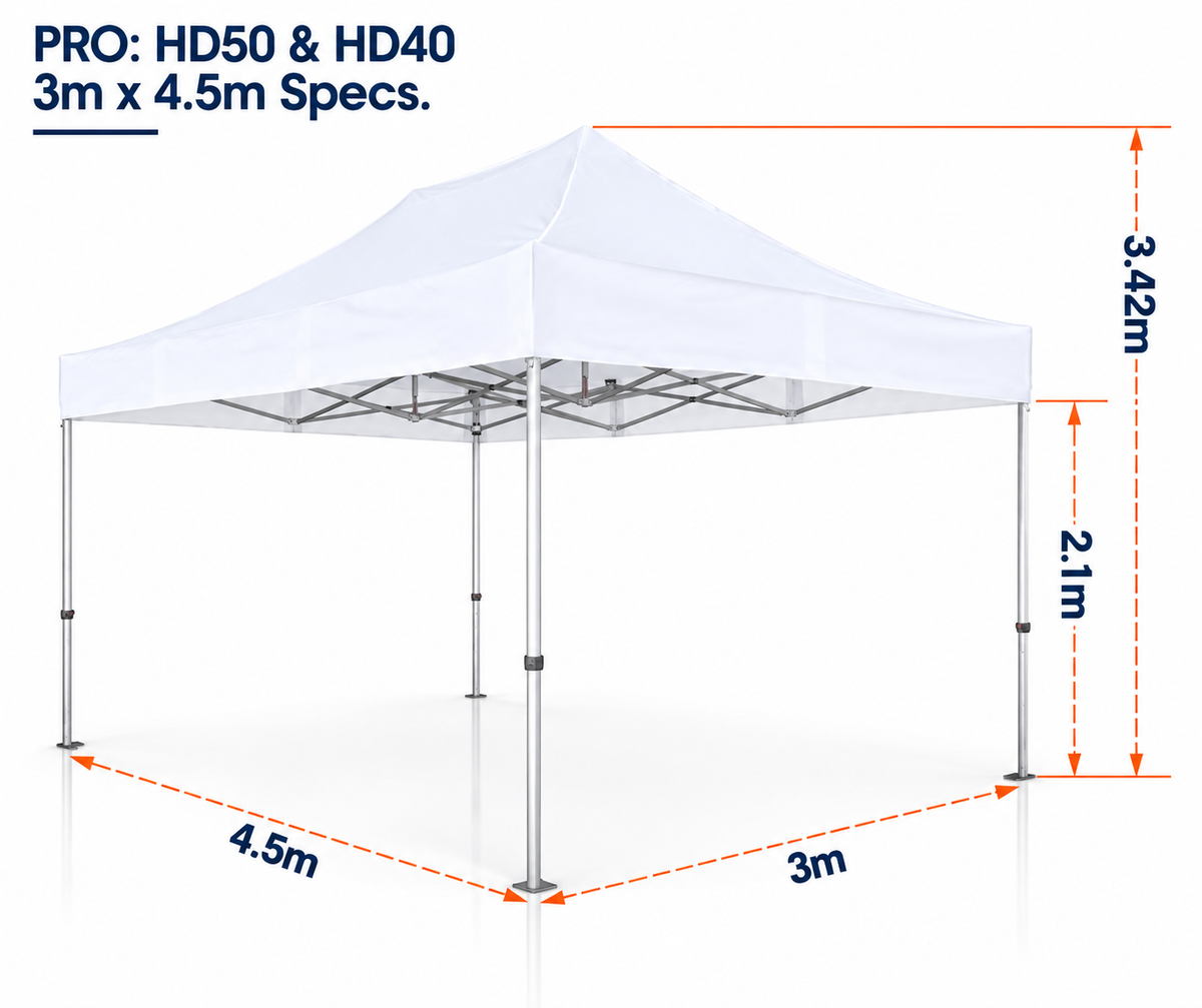 3m x 4.5m heavy duty gazebo PRO HD40 and PRO HD50 dimensions