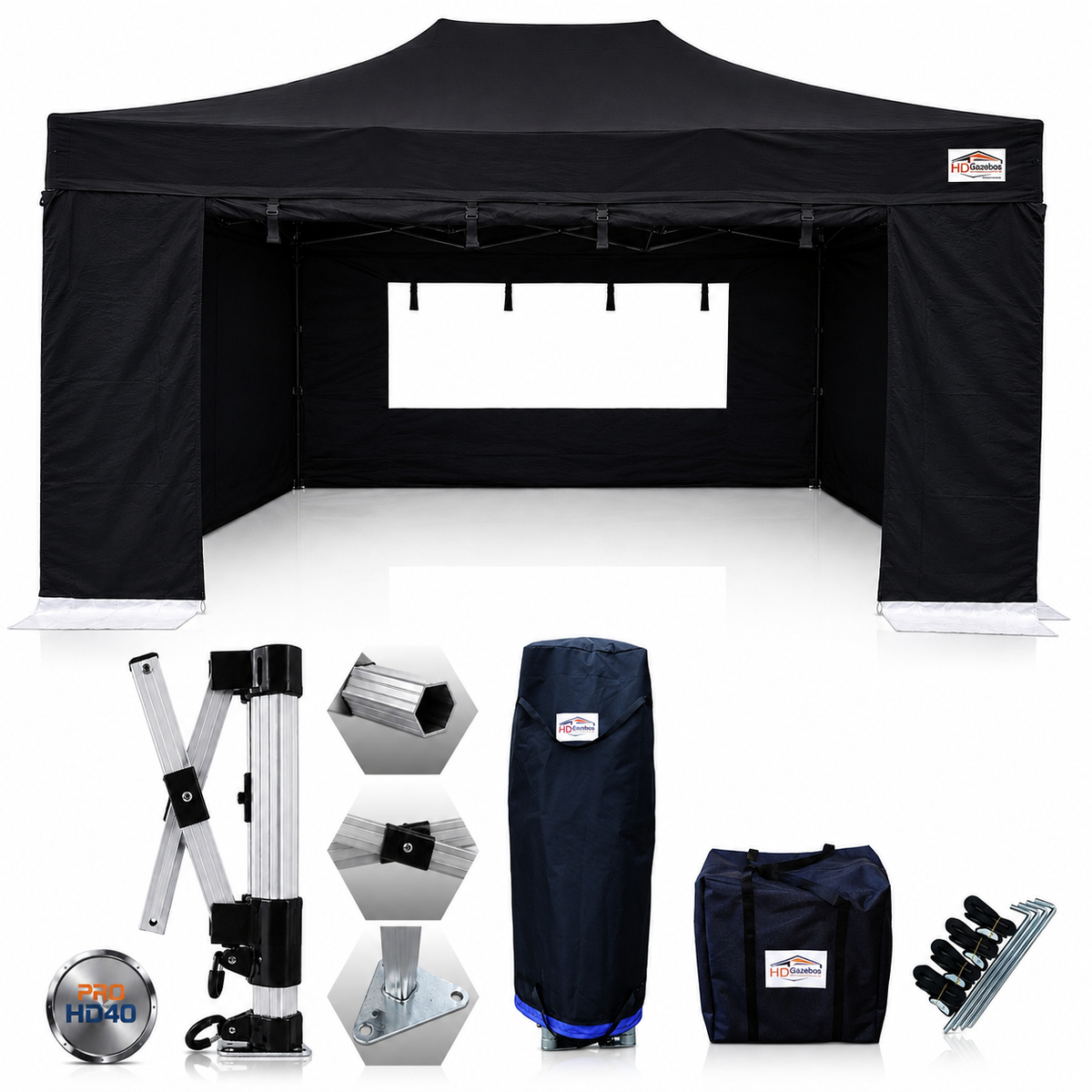 3m x 4.5m heavy duty gazebo PRO HD40 in black with sidewalls and included accessories