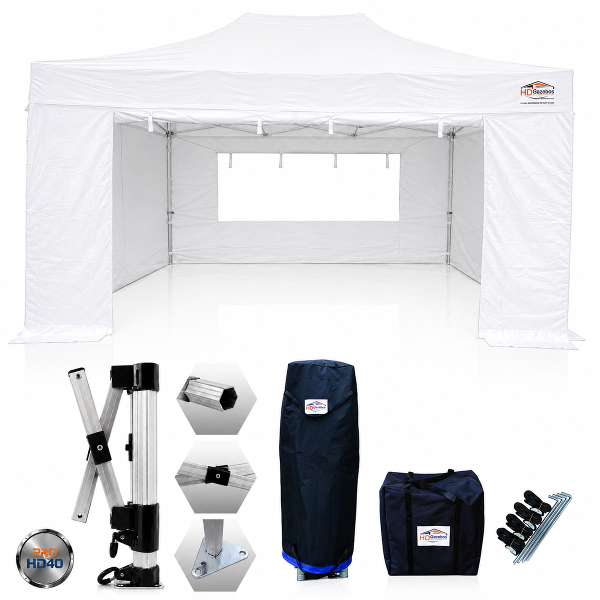 3m x 4.5m heavy duty gazebo PRO HD40 in white with sidewalls and included accessories