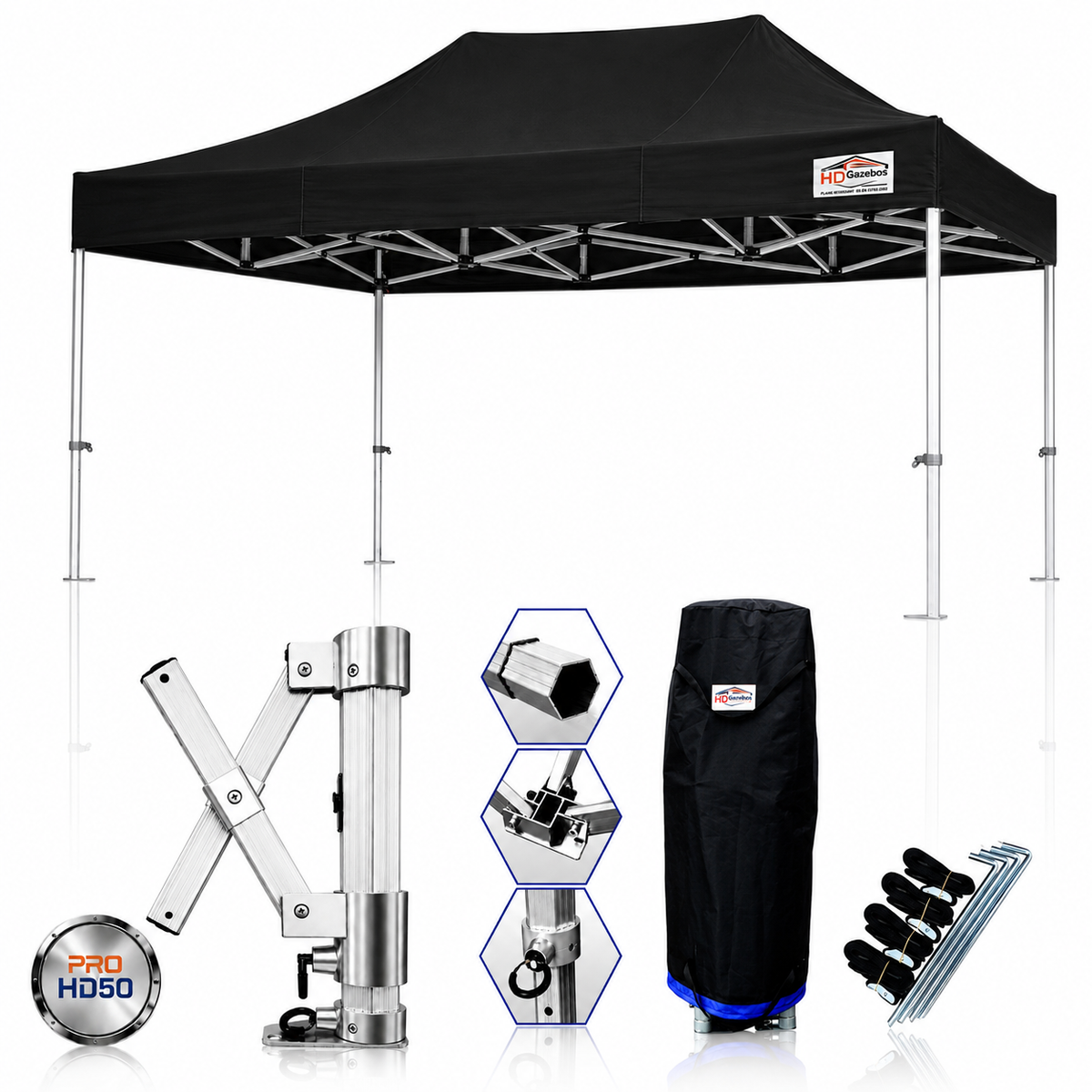 3m x 4.5m heavy duty gazebo PRO HD50 in black with 50mm aluminium frame