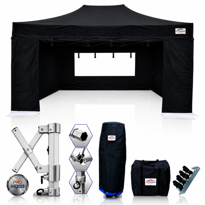 3m x 4.5m heavy duty gazebo PRO HD50 in black with sidewalls and included accessories