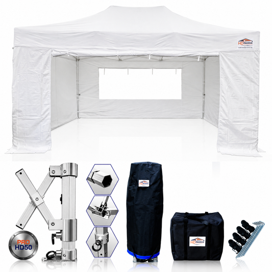 3m x 4.5m heavy duty gazebo PRO HD50 in white with sidewalls and included accessories