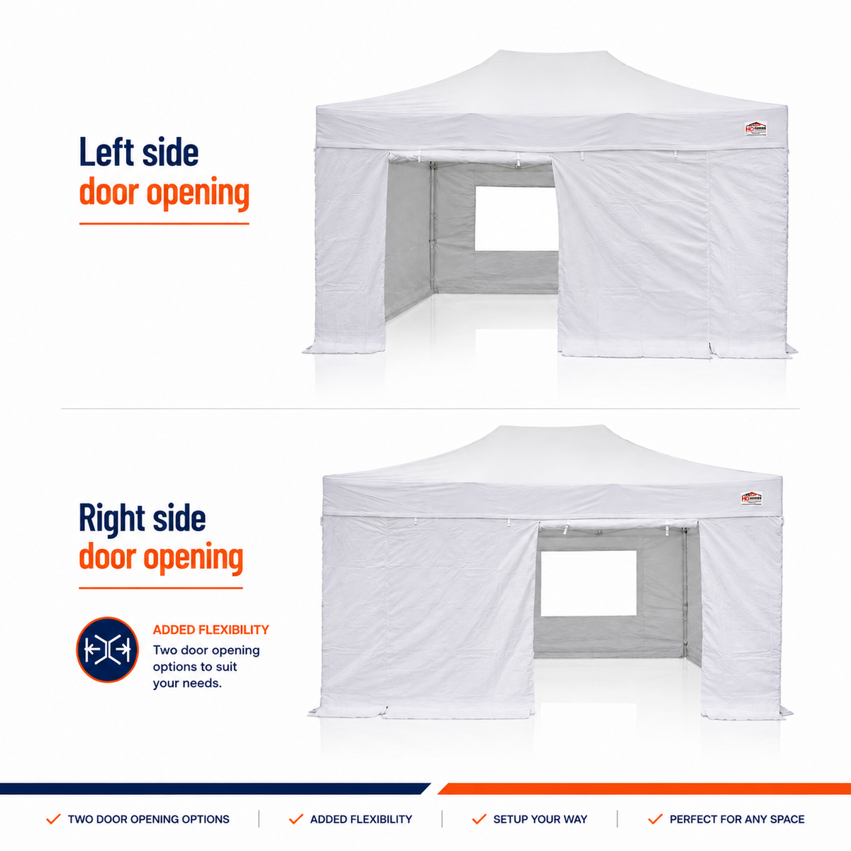 3m x 4.5m heavy duty gazebo sidewalls showing left and right side door opening options
