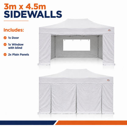 3m x 4.5m heavy duty gazebo sidewall set in white with door, window with blind and two plain panels