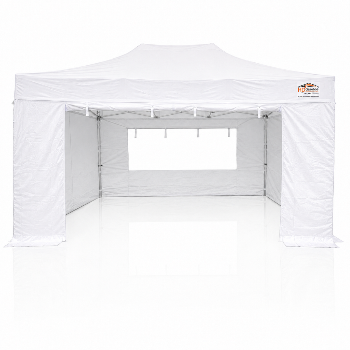 3m x 4.5m heavy duty gazebo in white with sidewalls and window panel