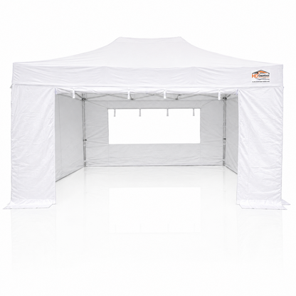 3m x 4.5m heavy duty gazebo in white with sidewalls and window panel