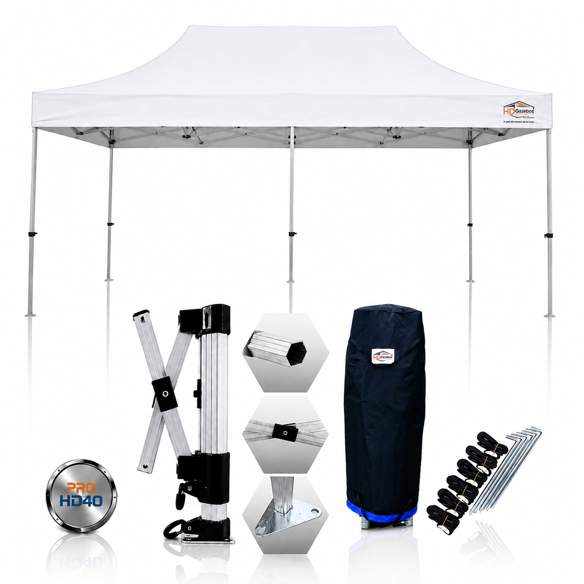 3m x 6m heavy duty gazebo PRO HD40 in white with included accessories