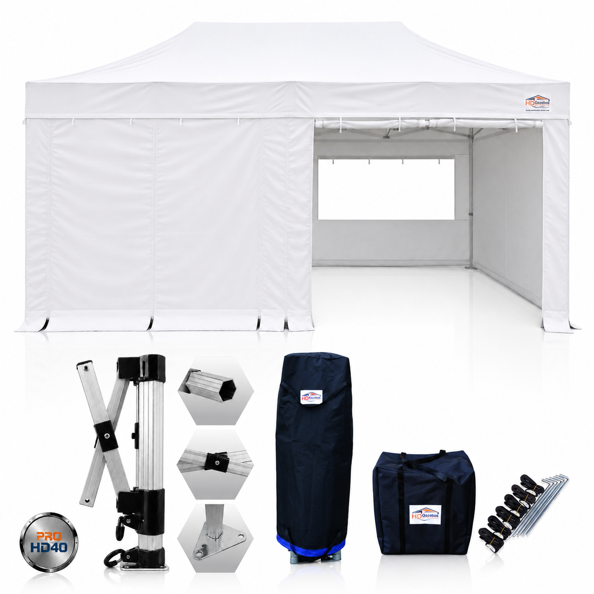 3m x 6m heavy duty gazebo PRO HD40 in white with sidewalls and included accessories