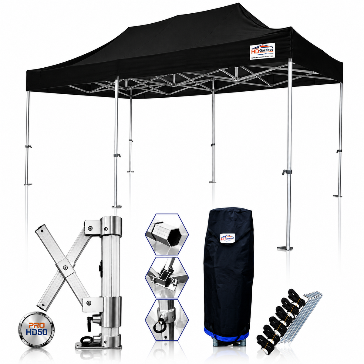 3m x 6m heavy duty gazebo PRO HD50 in black with 50mm aluminium frame