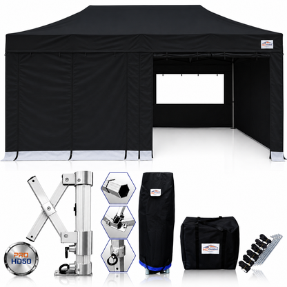 3m x 6m heavy duty gazebo PRO HD50 in black with sidewalls and included accessories
