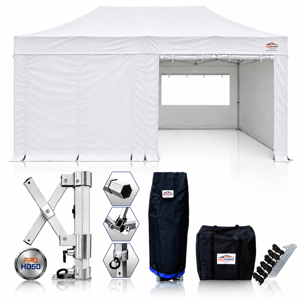 3m x 6m heavy duty gazebo PRO HD50 in white with sidewalls and included accessories