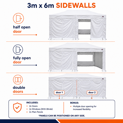 3m x 6m heavy duty gazebo sidewalls showing half-open, fully open and double door configuration