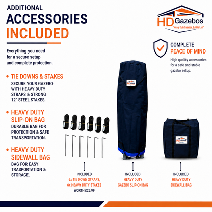 3m x 6m heavy duty gazebo included accessories with 6 tie-downs, 6 stakes, slip-on bag and sidewall bag