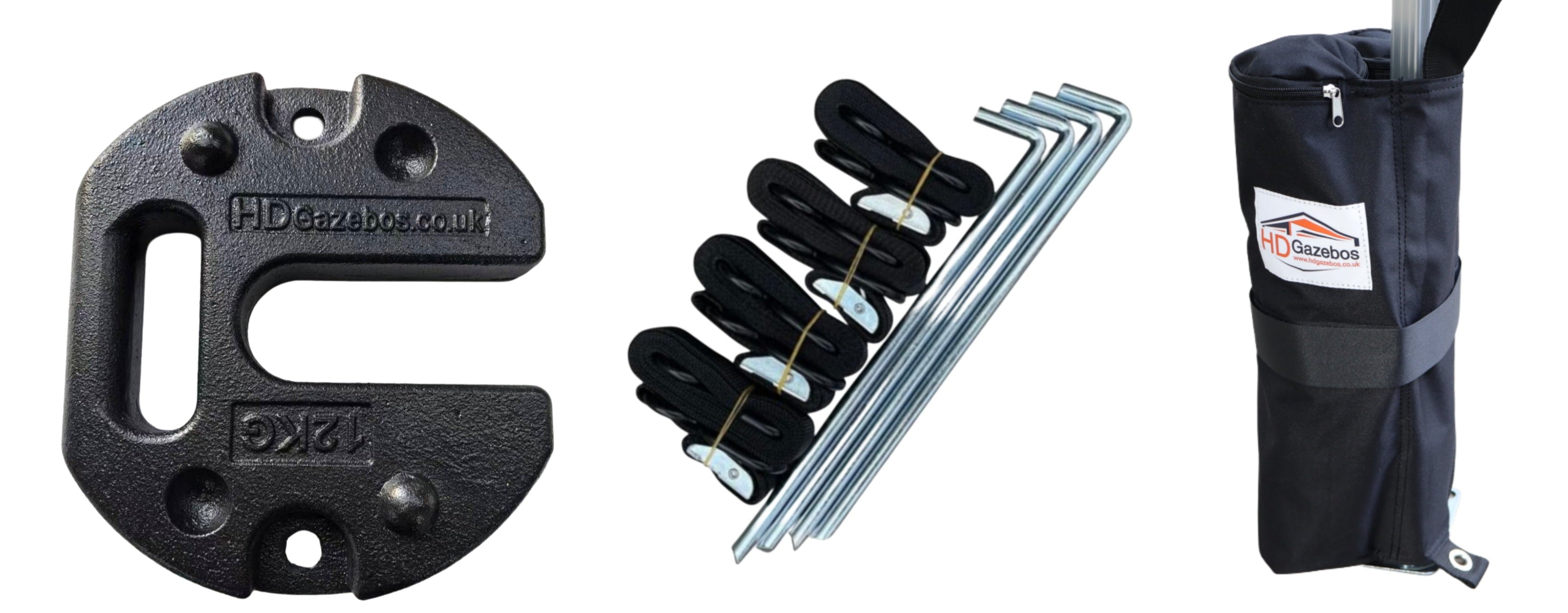 Collection of outdoor canopy assembly parts including a folded canopy, support structure, and carrying bags on a white background.