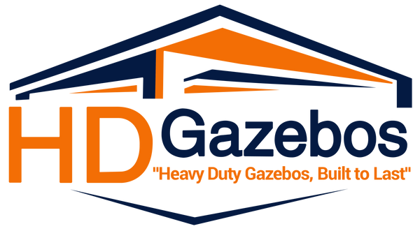 Logo of HD Gazebos with orange and blue colors on a white background