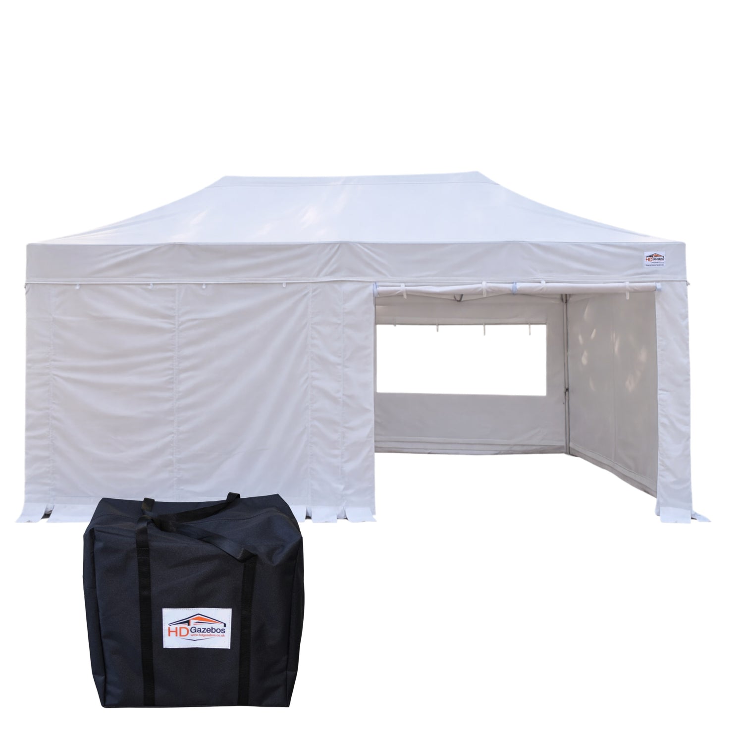 White outdoor canopy tent with side walls and a carrying bag on a white background