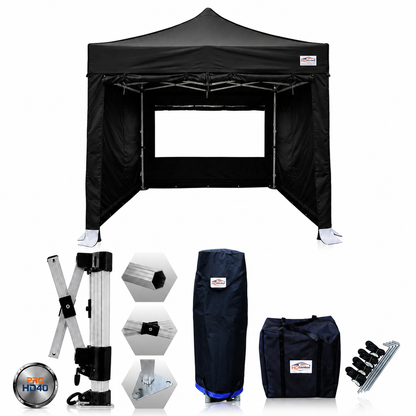 3m x 3m heavy duty gazebo PRO HD40 in black with sidewalls and included accessories