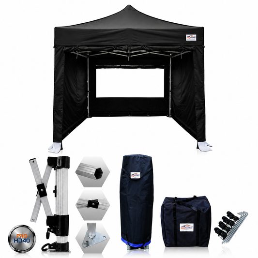 3m x 3m heavy duty gazebo PRO HD40 in black with sidewalls and included accessories