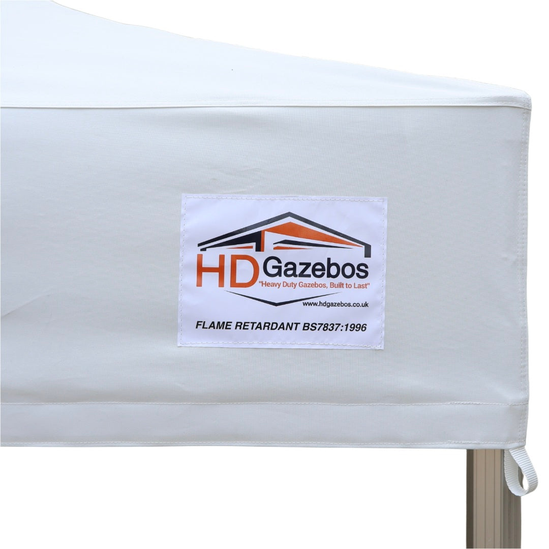 Heavy duty gazebo canopy with HD Gazebos branding and flame retardant information