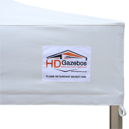 Heavy duty gazebo canopy with HD Gazebos branding and flame retardant information