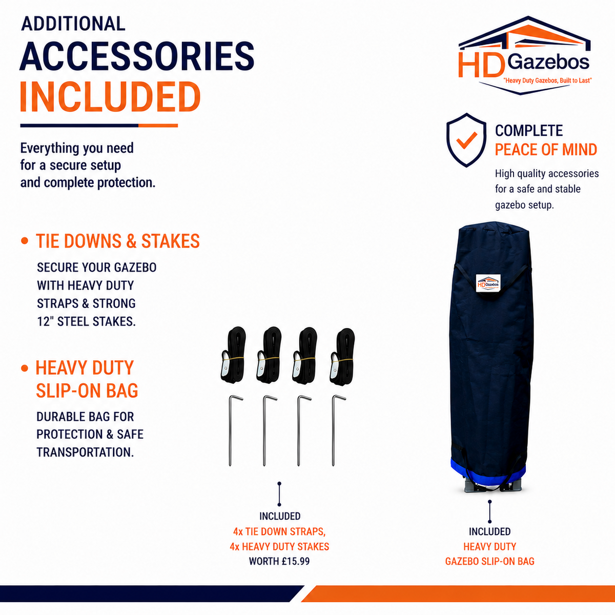 Heavy duty gazebo included accessories with 4 tie-downs, 4 stakes and slip-on bag