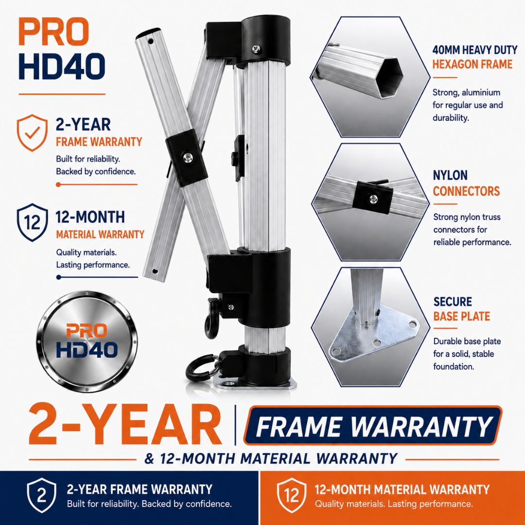 PRO HD40 heavy duty gazebo 40mm hexagonal aluminium frame features with 2-year frame warranty