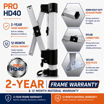 PRO HD40 heavy duty gazebo 40mm hexagonal aluminium frame features with 2-year frame warranty