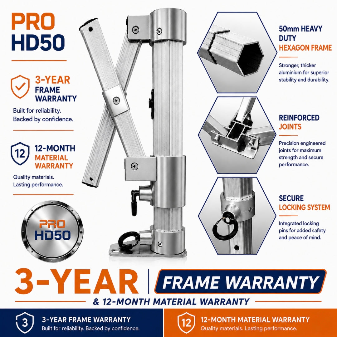 PRO HD50 heavy duty gazebo 50mm hexagonal aluminium frame with reinforced joints, secure locking system and 3-year frame warranty