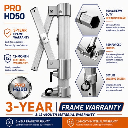 PRO HD50 heavy duty gazebo 50mm hexagonal aluminium frame with reinforced joints, secure locking system and 3-year frame warranty