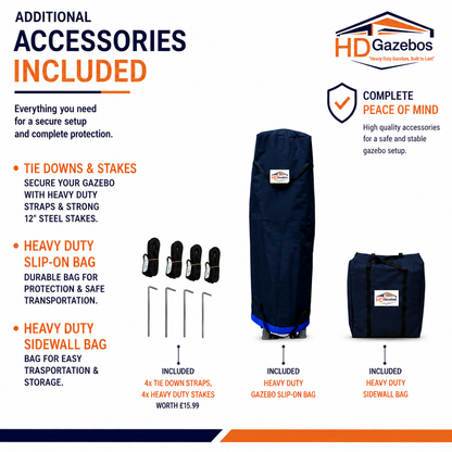 Heavy duty gazebo included accessories with 4 tie-downs, 4 stakes, slip-on bag and sidewall bag